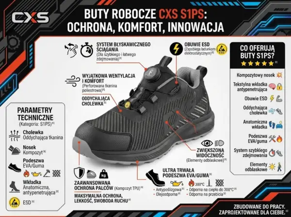 Półbuty robocze CXS Saba S1PS - czarno-szary but z systemem szybkiego zapinania, ujęty pod kątem z lewego profilu, ze wskaźnikami opisującymi detale takie jak oddychająca cholewka i wzmocniony nosek - na tle szczegółowej infografiki z parametrami technicznymi.