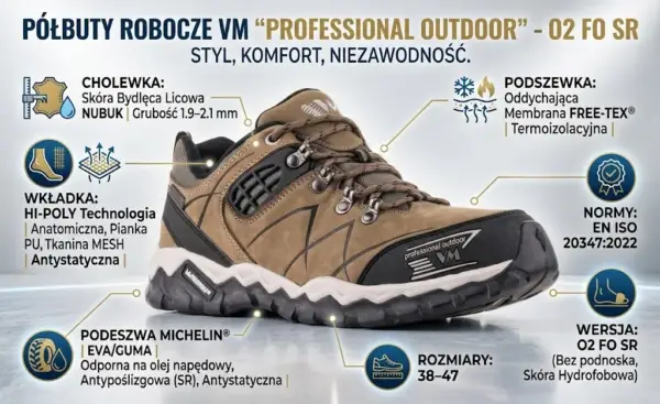 Półbuty Virginia O2 - infografika produktowa ukazująca brązowy but z czarnymi detalami i masywną podeszwą pod kątem z boku, otoczony ikonami i opisami technicznymi (m.in. cholewka nubuk, podeszwa Michelin, membrana FREE-TEX) - na jasnym, lekko odblaskowym tle studyjnym.