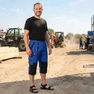 Spodenki robocze 3/4 PATRIK - uśmiechnięty mężczyzna w czarnej koszulce prezentujący niebiesko-czarne spodnie z przodu, widoczne kontrastowe wzmocnienia na kolanach i boczne kieszenie - na tle słonecznego placu budowy z maszynami.