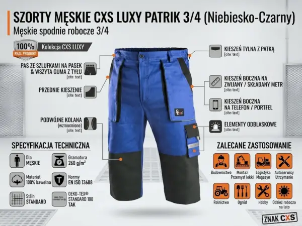 Szorty robocze 3/4 CXS Luxy PATRIK - infografika z centralnie umieszczonymi niebiesko-czarnymi spodniami (widok z przodu), otoczonymi odnośnikami do detali oraz blokami ikon specyfikacji technicznej i zastosowania - na jasnym tle studyjnym z motywem kratki