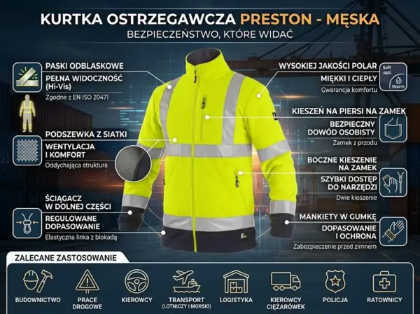 Męski polar ostrzegawczy Preston - infografika produktowa ukazująca przód żółto-granatowej bluzy z odblaskami. Grafika zawiera linie wskazujące i opisy detali, takich jak siateczkowa podszewka, kieszenie na zamek, elastyczne mankiety i ściągacz, a w dolnej części zestaw ikon zalecanych branż, na tle rozmytego portu przemysłowego.