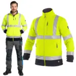 polar żółty ostrzegawczy preston odblaskowy bhp - zaprezentowany na modelu z przodu oraz obok jako osobny produkt, widoczne pionowe i poziome srebrne pasy, zasuwane kieszenie oraz granatowe wykończenia dołu i mankietów - wycięte na białym tle studyjnym
