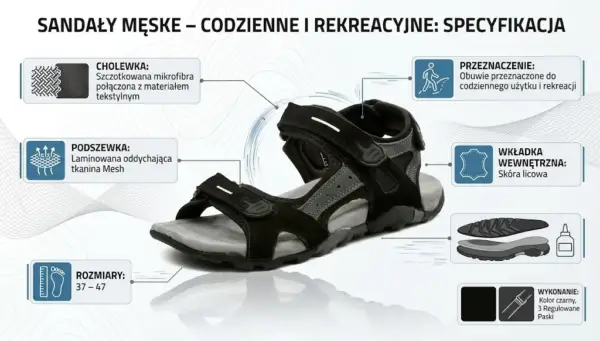 Sandały outdoorowe Honolulu - czarny but z trzema regulowanymi paskami na rzepy, ujęty z profilu pod kątem, otoczony ramkami informacyjnymi ze specyfikacją techniczną materiałów i budowy - na jasnym tle z subtelnym motywem poziomic.