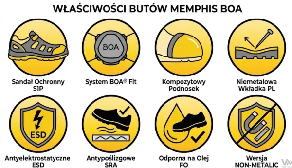 Sandały robocze Memphis S1P BOA - infografika z ośmioma okrągłymi, żółto-czarnymi piktogramami przedstawiającymi parametry ochronne, m.in. zapięcie BOA, kompozytowy podnosek, wkładkę antyprzebiciową i normę ESD - grafika na białym tle