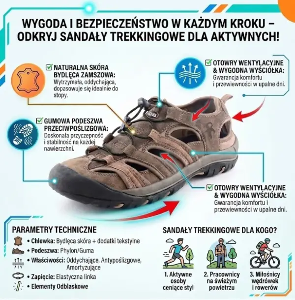 Sandały robocze CXS Sahara brązowe - infografika ze zdjęciem buta pod kątem 3/4, zawierająca strzałki i ikony opisujące zamszową cholewkę, gumową podeszwę oraz otwory wentylacyjne, a poniżej parametry techniczne i grafiki docelowych użytkowników - na jasnym, błękitno-białym tle.