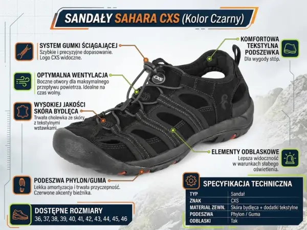 Sandały Sahara Czarna - infografika produktowa przedstawiająca but pod kątem z liniami wskazującymi detale: system szybkiego wiązania, boczne otwory wentylacyjne, zamszową cholewkę i podeszwę z czerwonymi akcentami, na tle jasnego, rozmytego krajobrazu górskiego wraz z tabelą specyfikacji technicznej
