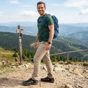 Czarne sandały sportowe Sahara założone przez uśmiechniętego mężczyznę z niebieskim plecakiem. Ujęcie z boku całej sylwetki w ruchu na kamienistym szlaku, w tle rozległy górski krajobraz i drewniany drogowskaz.
