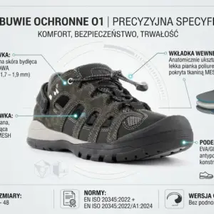 Sandały robocze VM Tripolis O1 w ujęciu pod kątem, ukazujące brązową cholewkę z weluru i czarne detale. But otoczony jest wskaźnikami opisującymi specyfikację techniczną materiałów oraz ikonami norm, umieszczony na jasnoszarym tle w formie infografiki.