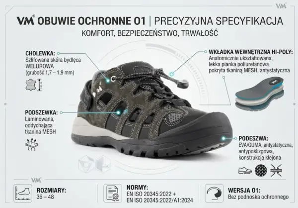 Sandały robocze VM Tripolis O1 w ujęciu pod kątem, ukazujące brązową cholewkę z weluru i czarne detale. But otoczony jest wskaźnikami opisującymi specyfikację techniczną materiałów oraz ikonami norm, umieszczony na jasnoszarym tle w formie infografiki.