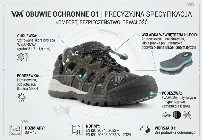 Sandały robocze VM Tripolis O1 w ujęciu pod kątem, ukazujące brązową cholewkę