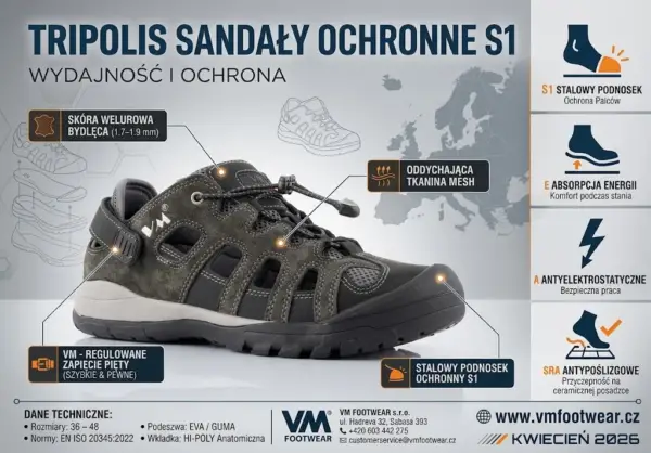 Sandały ochronne VM TRIPOLIS S1 - szaro-czarny but z welurowej skóry z wycięciami i siateczką, ukazany z profilu bocznego. Wokół obuwia znajdują się linie wskazujące na jego cechy, takie jak stalowy podnosek, oddychająca siatka i regulowana pięta. Po prawej stronie widoczne są pomarańczowo-czarne ikony właściwości BHP, całość na szarym tle z zarysem mapy Europy w formie grafiki informacyjnej.