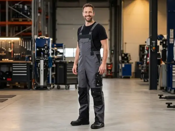 Ocieplane ogrodniczki robocze Sirius Tristan na uśmiechniętym modelu w czarnej koszulce, widok z przodu pod lekkim kątem. Widoczne szare spodnie z czarnymi wzmocnieniami na kolanach, wielofunkcyjnymi kieszeniami i szelkami, na tle rozmytej hali warsztatowej.