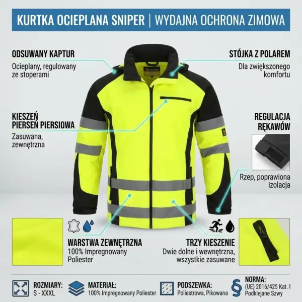 Ocieplana kurtka robocza SNIPER - infografika produktowa prezentująca przód żółto-czarnej odzieży z pasami odblaskowymi. Widoczne są wskaźniki opisujące odsuwany kaptur, polarową stójkę, zasuwane kieszenie, regulację mankietów na rzep oraz zbliżenia na materiał zewnętrzny i zamek. Na dole umieszczono ikony specyfikacji technicznej - wycięte na białym tle studyjnym.