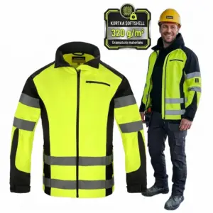 Żółta kurtka odblaskowa softshell z polarem męska - model SNIPER w kolorze żółto-czarnym z pasami odblaskowymi, zaprezentowana z przodu obok uśmiechniętego modela w żółtym kasku noszącego rozpiętą kurtkę, u góry grafika z gramaturą 320 g/m2 - wycięte na białym tle studyjnym.