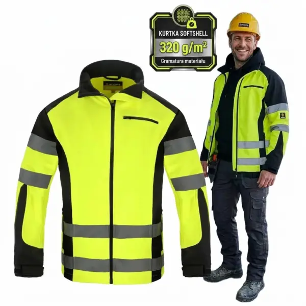 SNIPER Żółta kurtka odblaskowa softshell z polarem męska - model SNIPER w kolorze żółto-czarnym z pasami odblaskowymi, zaprezentowana z przodu obok uśmiechniętego modela w żółtym kasku noszącego rozpiętą kurtkę, u góry grafika z gramaturą 320 g/m2 - wycięte na białym tle studyjnym.