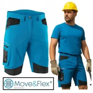 niebieskie bawełniane spodenki robocze solis flex - po lewej stronie produkt z czarnymi wstawkami, po prawej zaprezentowane na modelu w żółtym kasku i rękawicach - kompozycja na białym tle studyjnym z logo Move&Flex