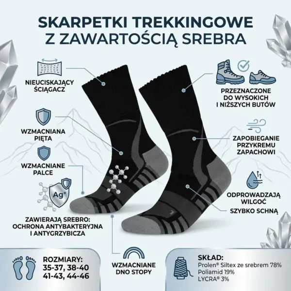 Model TREKKING SILVER - grafika informacyjna prezentująca parę czarno-szarych skarpet z opisem właściwości technicznych, w tym ikonami wzmocnień, zawartości srebra Ag+ i odprowadzania wilgoci - na jasnym tle z motywem górskim i kryształami.