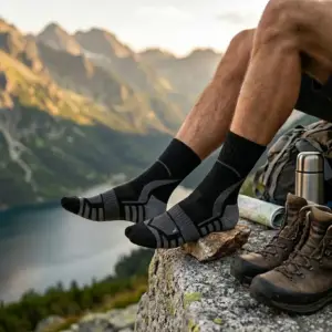 Czarne skarpety TREKKING SILVER założone na nogi mężczyzny siedzącego na skale, z widocznymi szarymi strefami wzmocnień i wentylacji. Obok leżą zdjęte brązowe buty górskie, termos oraz mapa, na tle rozmytego krajobrazu górskiego jeziora i szczytów.
