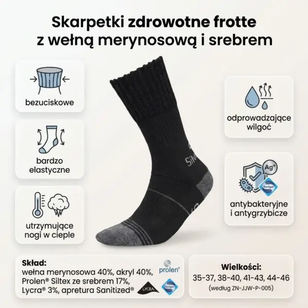 Skarpety TREKKING SILVERWOOL DEODORANT - czarna skarpeta frotte z szarymi detalami na palcach i pięcie, otoczona kafelkami z ikonami właściwości (m.in. bezuciskowe, antybakteryjne) oraz opisem składu - zaprezentowana w formie infografiki na jasnym tle