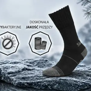 Skarpety TREKKING SILVERWOOL DEODORANT - czarna skarpeta z szarymi wstawkami na pięcie i palcach, ułożona pionowo z profilu. Z lewej strony dwie ikony informacyjne z napisami ANTYBAKTERYJNE i DOSKONAŁA JAKOŚĆ PRZĘDZY - ekspozycja na ośnieżonej skale na tle zimowego krajobrazu.