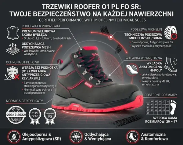 Trzewiki zawodowe Bonn O1 - czarno-czerwony but ukazany z profilu pod kątem, otoczony liniami wskazującymi na detale budowy, ikonami technologicznymi oraz certyfikatami - infografika na ciemnym tle z czerwoną siatką przestrzenną.