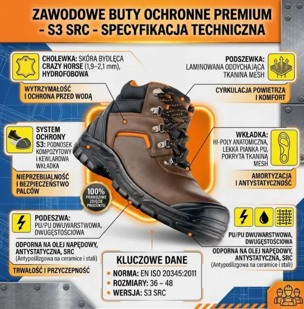 Skórzane obuwie ochronne Hannover - brązowy but z czarnym noskiem i pomarańczowymi detalami ujęty z boku pod kątem - infografika prezentująca specyfikację techniczną z żółtymi ramkami na niebieskim tle technicznym