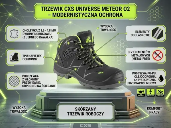 Trzewik roboczy CXS Universe Meteor O2 - czarno-zielony but z profilu pod kątem, otoczony infografikami wskazującymi parametry techniczne (m.in. cholewka z nubuku, podeszwa PU-PU, brak metalu) - zaprezentowany na futurystycznym, szarym podeście z neonowymi, zielonymi liniami w tle