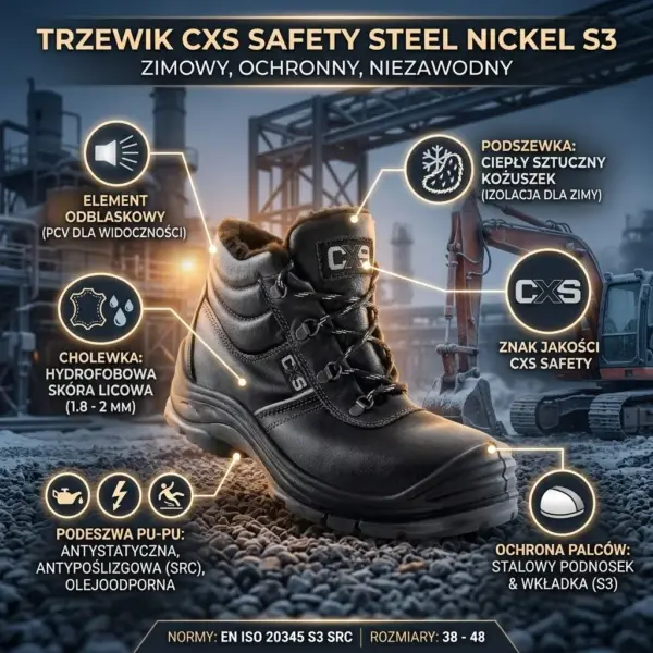 Trzewiki ocieplane Nickel S3 - czarne obuwie ochronne z wysoką cholewką ujęte z profilu pod kątem, otoczone złotymi infografikami opisującymi materiały i certyfikaty - na tle zimowego, przemysłowego placu budowy z koparką i żwirem.
