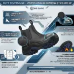 Wygodne buty spawalnicze S1 HRO ze stalowym podnoskiem - czarne, wsuwane obuwie ujęte pod kątem z boku - grafika techniczna z lupami powiększającymi detale materiałów, podeszwy i przekrojem podnoska na szarym, geometrycznym tle