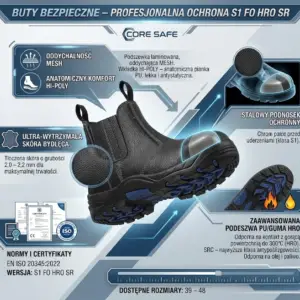 Wygodne buty spawalnicze S1 HRO ze stalowym podnoskiem - czarne, wsuwane obuwie ujęte pod kątem z boku - grafika techniczna z lupami powiększającymi detale materiałów, podeszwy i przekrojem podnoska na szarym, geometrycznym tle
