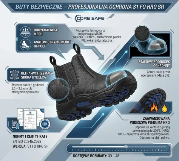 Wygodne buty spawalnicze S1 HRO ze stalowym podnoskiem - czarne, wsuwane obuwie ujęte pod kątem z boku - grafika techniczna z lupami powiększającymi detale materiałów, podeszwy i przekrojem podnoska na szarym, geometrycznym tle