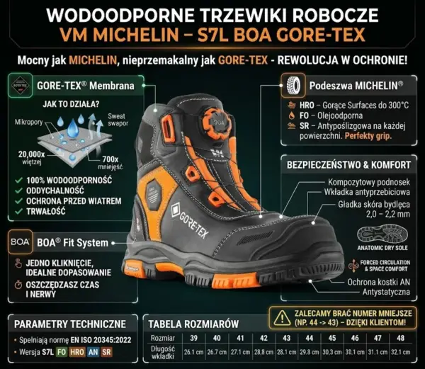 Trzewiki ochronne Vermont BOA S7L - czarno-pomarańczowy but ustawiony pod kątem z widocznym pokrętłem systemu wiązania i grubą podeszwą - na ciemnym tle w formie infografiki z opisami parametrów technicznych, przekrojem membrany i tabelą rozmiarów.