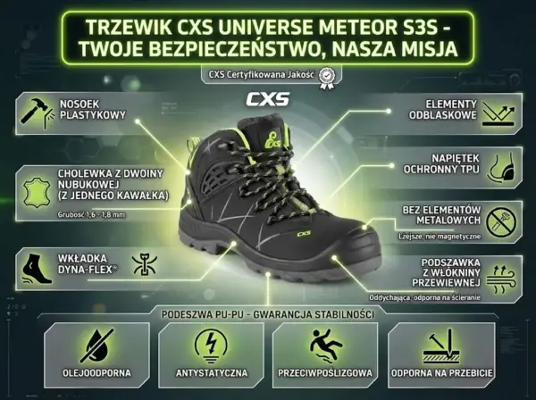 Buty ochronne CXS Universe Meteor S3S - czarno-zielony but w ujęciu pod kątem, otoczony ikonami infografiki wskazującymi parametry techniczne takie jak podnosek, wkładka i podeszwa - na ciemnym, technologicznym tle z zielonymi akcentami.
