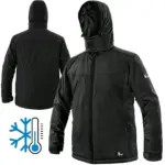 Zimowa kurtka robocza softshell ocieplana z membraną - czarny model z kapturem, zestawienie widoku z przodu pod kątem oraz z tyłu wraz z graficzną ikoną termometru i śnieżynki - wycięte na białym tle studyjnym.
