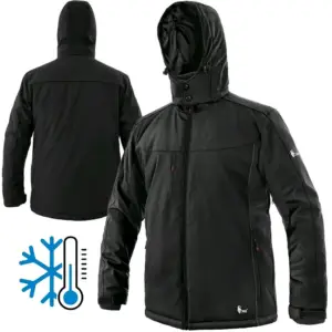 Zimowa kurtka robocza softshell ocieplana z membraną - czarny model z kapturem, zestawienie widoku z przodu pod kątem oraz z tyłu wraz z graficzną ikoną termometru i śnieżynki - wycięte na białym tle studyjnym.
