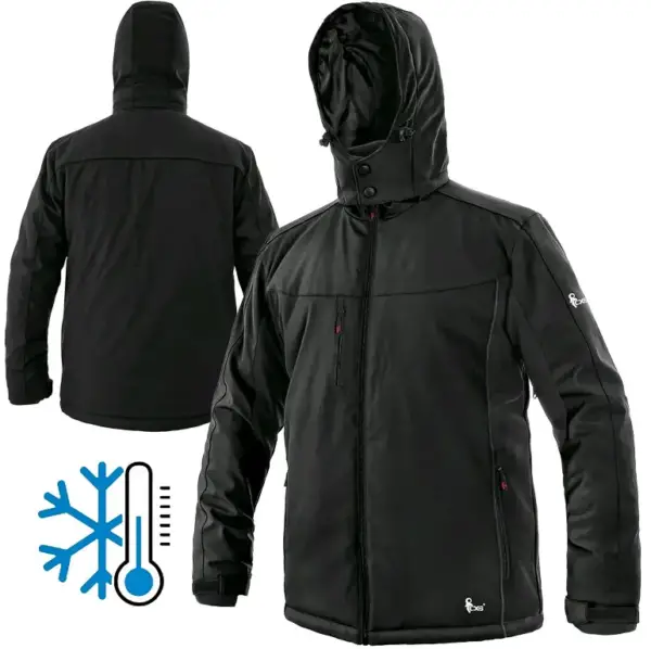 VEGAS Zimowa kurtka robocza softshell ocieplana z membraną - czarny model z kapturem, zestawienie widoku z przodu pod kątem oraz z tyłu wraz z graficzną ikoną termometru i śnieżynki - wycięte na białym tle studyjnym.