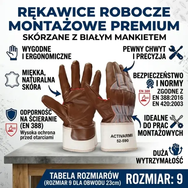 Model Ansell Hyd Tuff - para brązowych rękawic z białym mankietem ukazana od strony chwytnej i grzbietowej, otoczona tekstami informacyjnymi i ikonami norm BHP - kompozycja graficzna na szarym blacie.