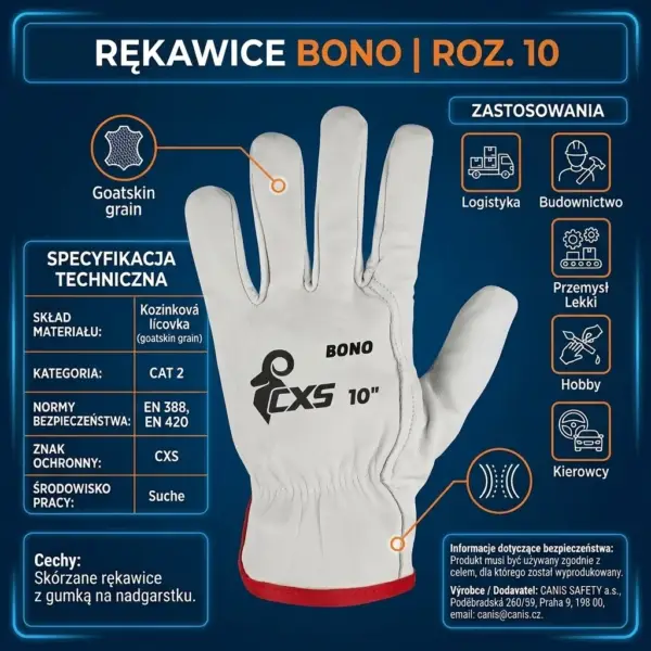 Rękawice z koziej skóry CXS BONO - biała rękawica z czerwonym obszyciem mankietu i czarnym logo, otoczona tabelami specyfikacji technicznej oraz ikonami zastosowań - infografika produktowa na ciemnoniebieskim tle