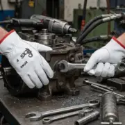 Skórzane rękawice ochronne BONO na dłoniach pracownika. Lewa ręka oparta na ciężkim