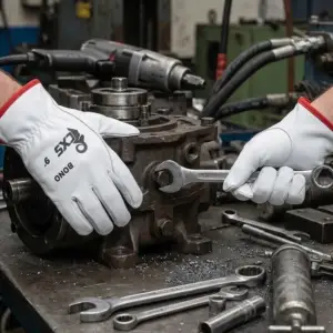 Skórzane rękawice ochronne BONO na dłoniach pracownika. Lewa ręka oparta na ciężkim metalowym podzespole maszyny, prawa dokręca śrubę kluczem płaskim. Widoczne czerwone obszycie mankietu oraz czarne nadruki z logo CXS i rozmiarem 9. Zbliżenie w scenerii przemysłowej na tle warsztatowego stołu z opiłkami metalu i leżącymi narzędziami.