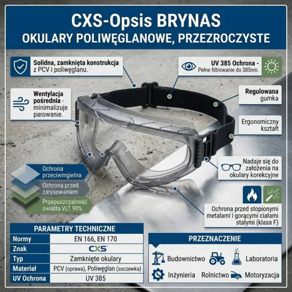 Przezroczyste gogle robocze CXS BRYNAS - ułożone pod kątem z widoczną czarną taśmą nagłowną, otoczone etykietami wskazującymi cechy budowy oraz tabelą parametrów technicznych - leżące na szczotkowanej metalowej płycie.