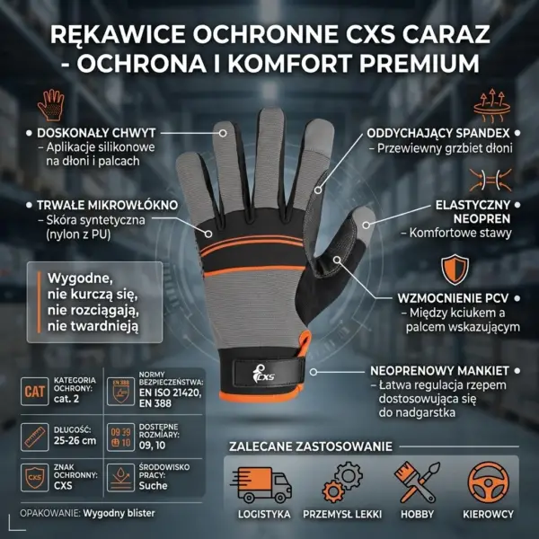 Rękawice ochronne CXS CARAZ - grafika informacyjna prezentująca wewnętrzną część dłoni w kolorze szaro-czarnym z pomarańczowymi detalami, z liniami wskazującymi cechy materiału oraz piktogramami norm i zastosowania - na tle rozmytego magazynu.