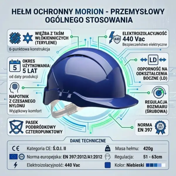 Niebieski hełm roboczy Centurion 1125 - centralnie umieszczona skorupa na infografice ze wskaźnikami parametrów technicznych, takich jak 6-punktowa więźba, waga 420g i norma EN 397 - jasnoniebieskie tło z motywem technologicznym.