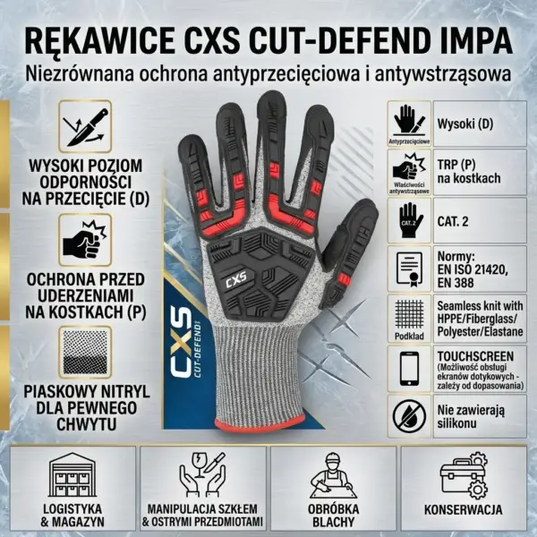 Rękawica antyprzecięciowa CXS IMPA - widok na grzbiet dłoni z czerwono-czarnymi protektorami TPR oraz szarą dzianiną - zaprezentowana na grafice informacyjnej z ikonami właściwości i zastosowań na metalicznym tle.