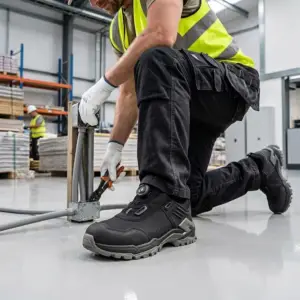 Półbuty ochronne CXS PU-TECH ZIREX na stopach klęczącego pracownika. Zbliżenie z boku na czarne obuwie robocze z obrotowym systemem zapinania i masywną podeszwą. Mężczyzna w czarnych spodniach roboczych, żółtej kamizelce odblaskowej i białych rękawicach pracuje kombinerkami przy instalacji z rur na jasnej posadzce w rozmytej hali magazynowej.
