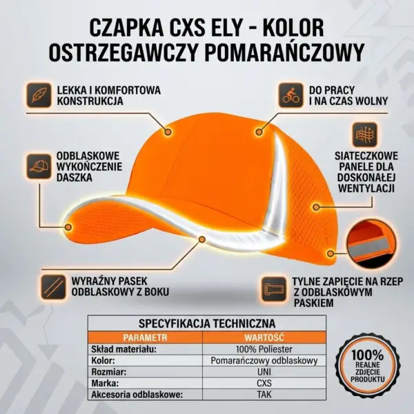Czapka Ely pomarańczowa - ujęcie pod kątem z boku prezentujące odblaskowe wykończenie daszka oraz tylne panele z siatki, w formie infografiki z tabelą specyfikacji technicznej i wskaźnikami cech - na jasnoszarym tle.