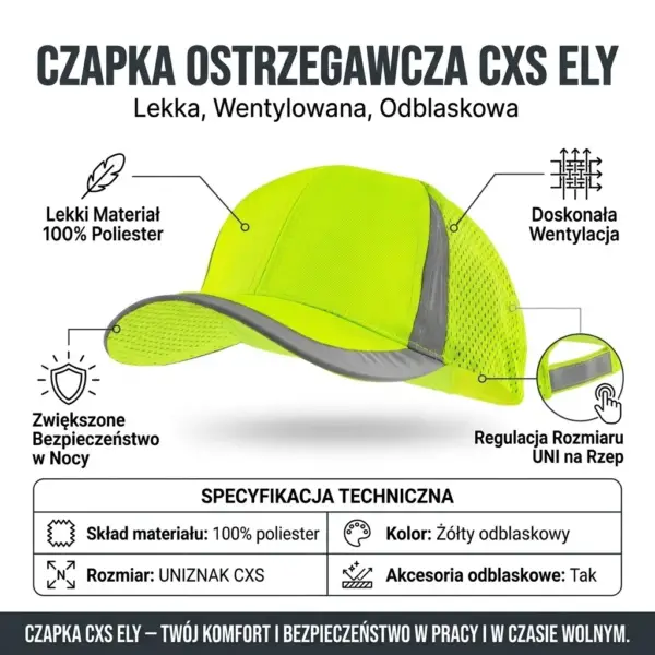 Czapka ostrzegawcza CXS Ely - infografika produktowa ukazująca jaskrawe nakrycie głowy pod kątem z szarą siatką wentylacyjną i odblaskową lamówką, ze wskaźnikami cech, powiększeniem tylnego rzepu oraz tabelą specyfikacji - wycięte na białym tle studyjnym.