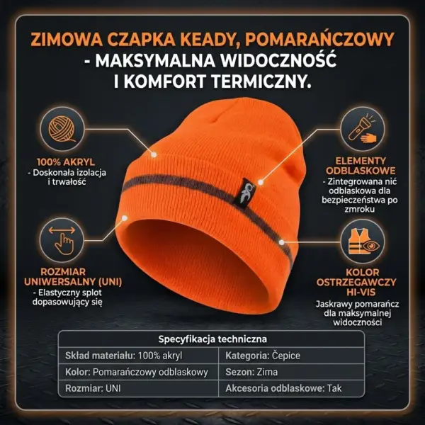 Czapka Keady pomarańczowa - dziana z szarym poziomym paskiem i małą metką z boku, ujęcie pod kątem - na ciemnym tle z teksturą blachy ryflowanej, otoczona ikonami i tekstami infografiki z tabelą specyfikacji technicznej