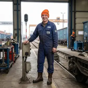 Czapka Keady pomarańczowa - uśmiechnięty pracownik w niebieskim kombinezonie roboczym z założonym jaskrawym nakryciem głowy, opierający dłoń na pulpicie - postać na tle hali naprawczej taboru kolejowego z widocznymi torami i wagonami