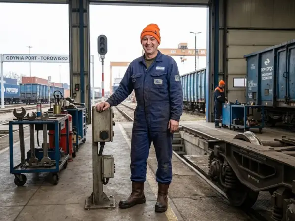 Czapka Keady pomarańczowa - uśmiechnięty pracownik w niebieskim kombinezonie roboczym z założonym jaskrawym nakryciem głowy, opierający dłoń na pulpicie - postać na tle hali naprawczej taboru kolejowego z widocznymi torami i wagonami